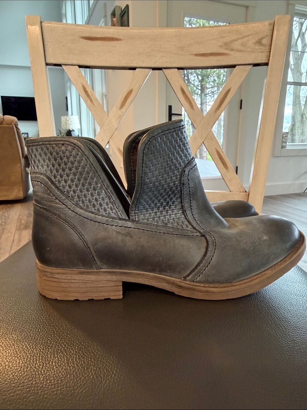 Women's Grey Ankle Booties with Textured Panel - Casual Slip-On